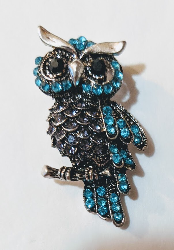 Wisdom OWL PIN Beauty Bird Brooch on Branch gems Cut Silver Tone USA seller