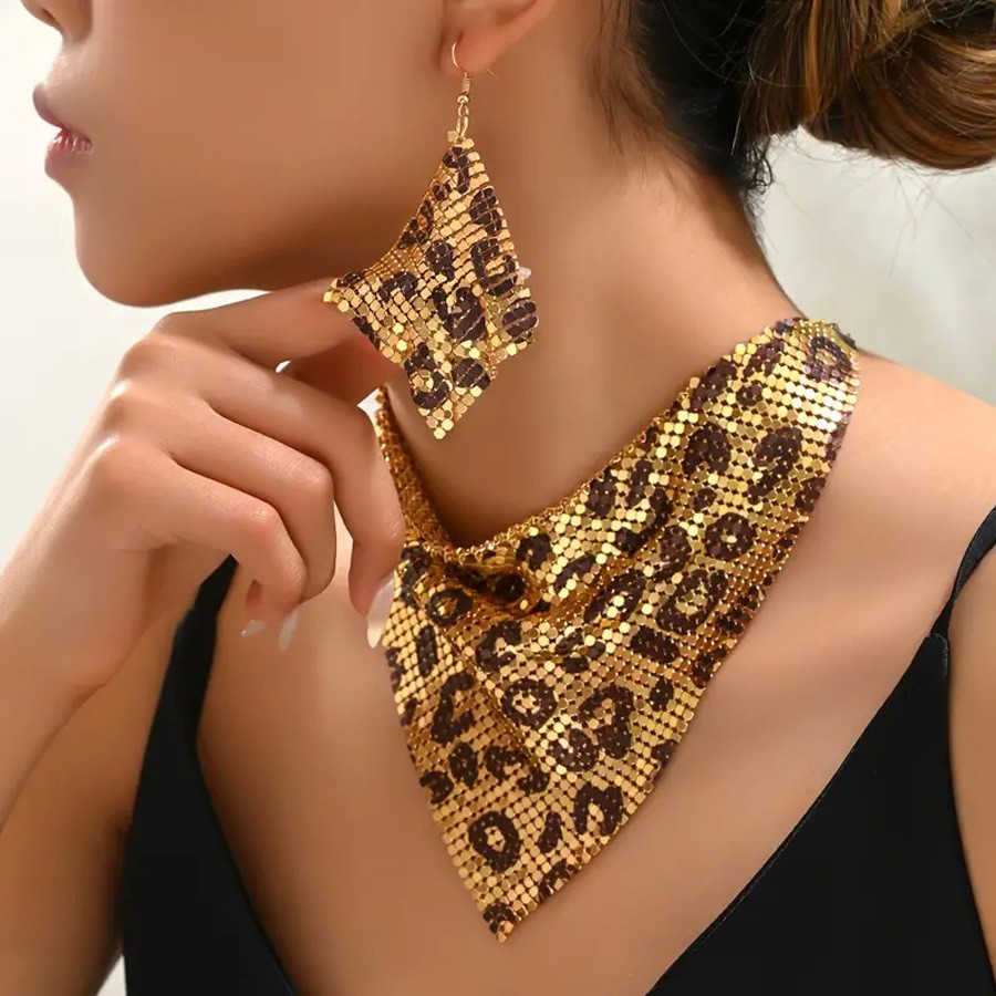 Punk Leopard Metal Mesh Choker Necklace Earrings Set Chunky Statement Jewelry