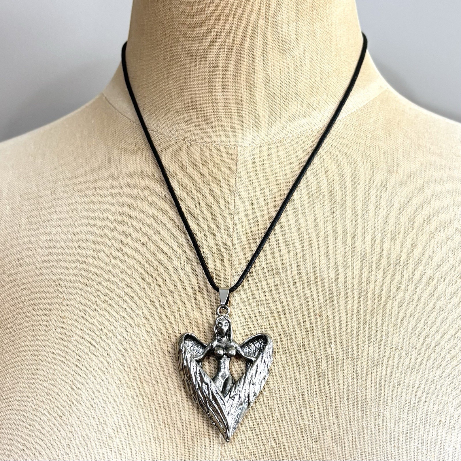 Winged Fairy Pendant Necklace Silver Tone Nude Lady Faux Leather Cord Brutalist