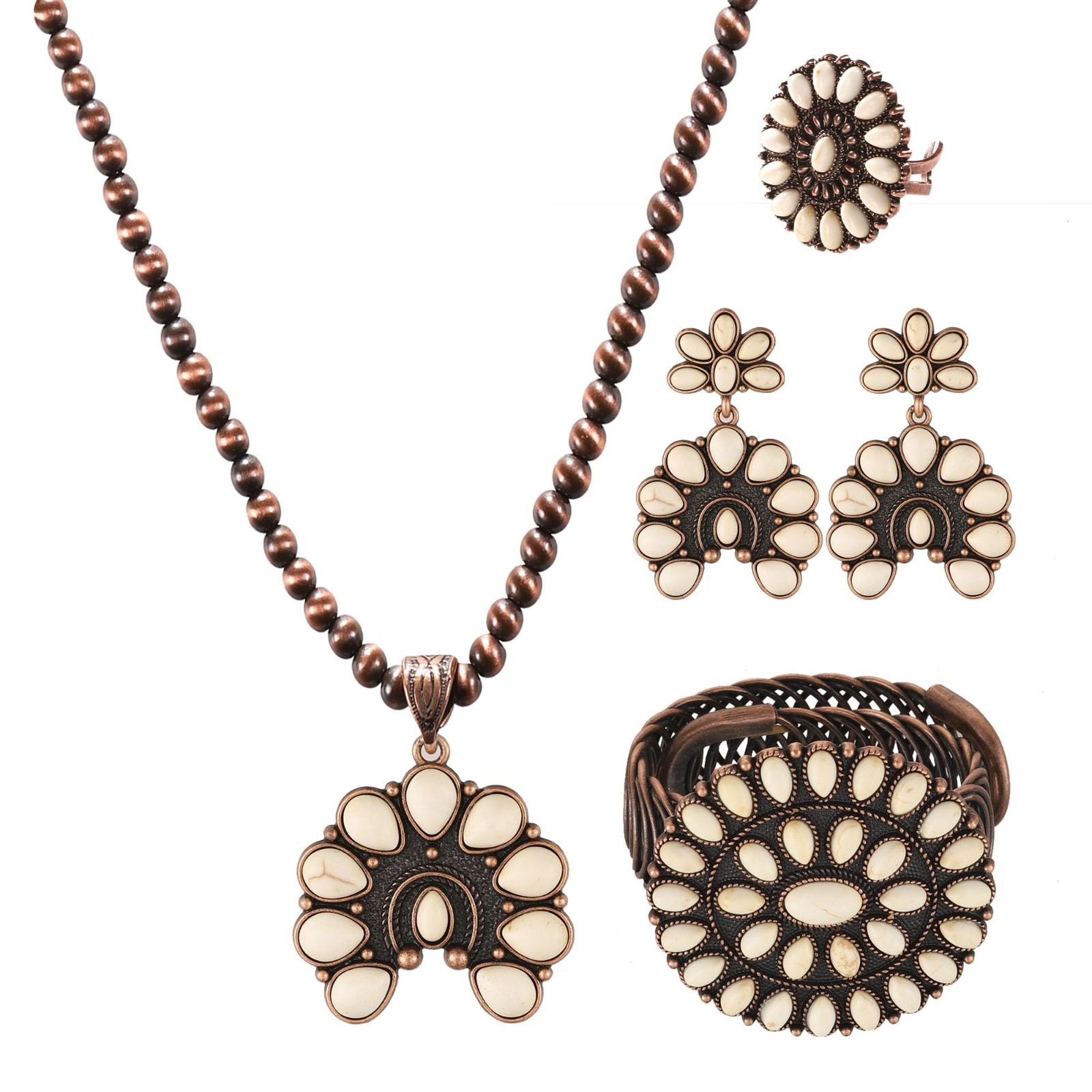 4 PCS Boho Turquoise Jewelry Set for Women – Vintage Necklace, Earrings, Bracele