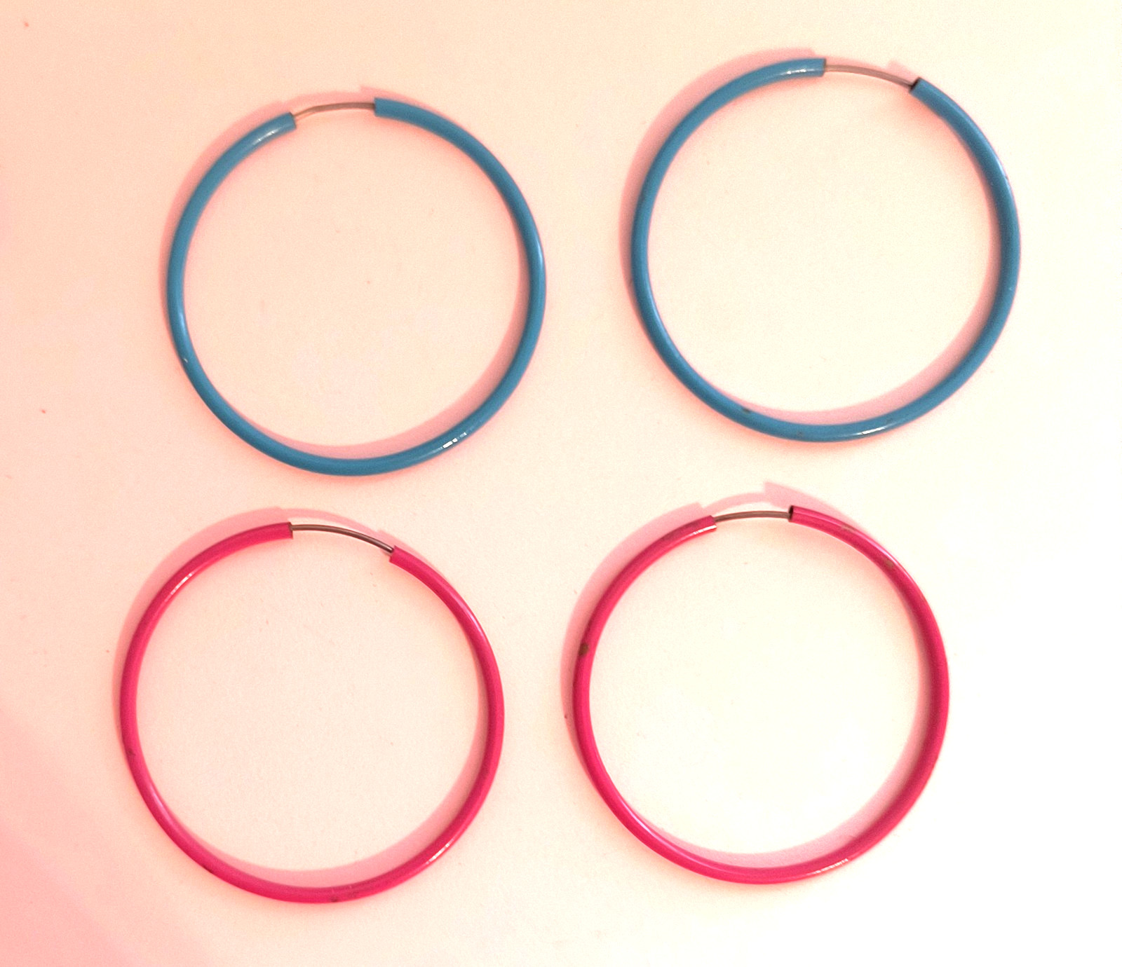 2 Pairs Hoop Metal Earrings for Pierced Ears Aqua Dark Pink 1 3/4 Inches