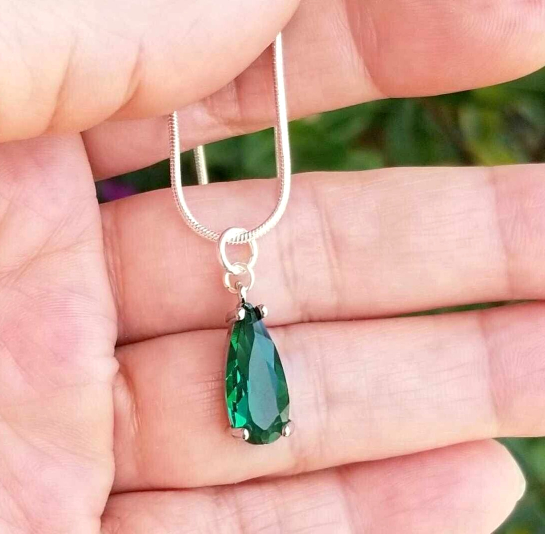 Sterling Silver Emerald Necklace, Australian Crystal Emerald Pendant Necklace