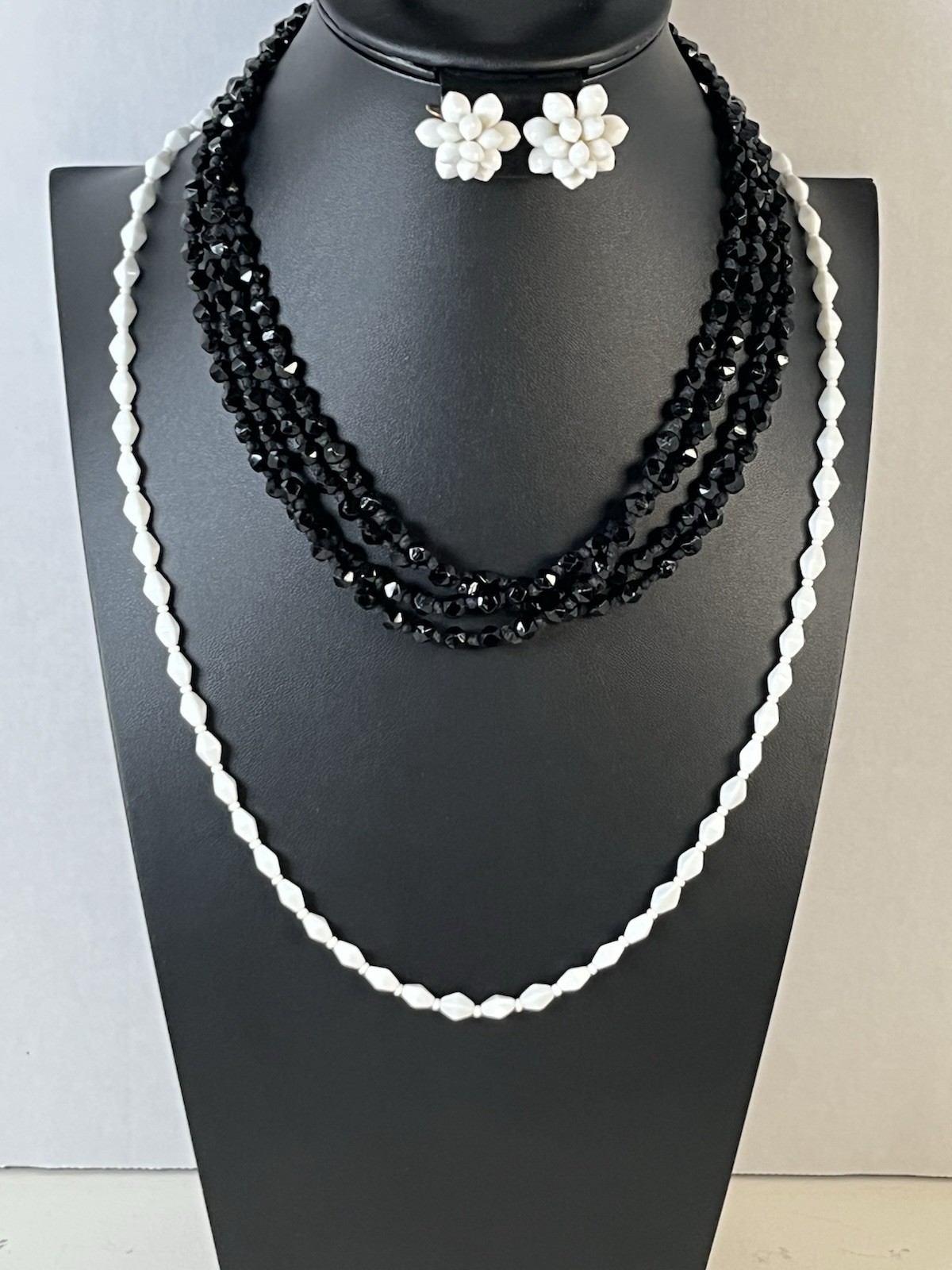 Vintage White Glass Necklace & Earring Set w/ Bonus Black Glass Necklace