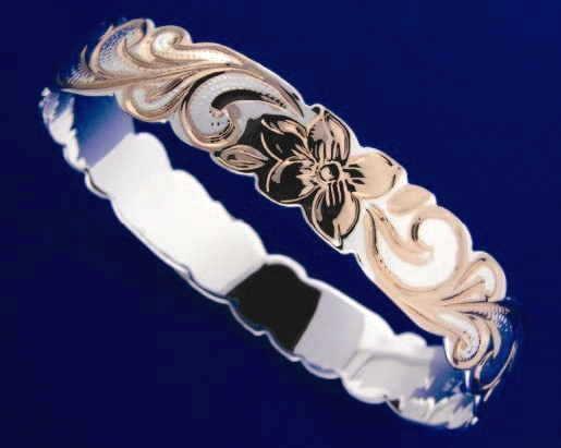 SILVER 925 HAWAIIAN BANGLE BRACELET ROSE GOLD QUEEN SCROLL PLUMERIA CUT OUT 8MM