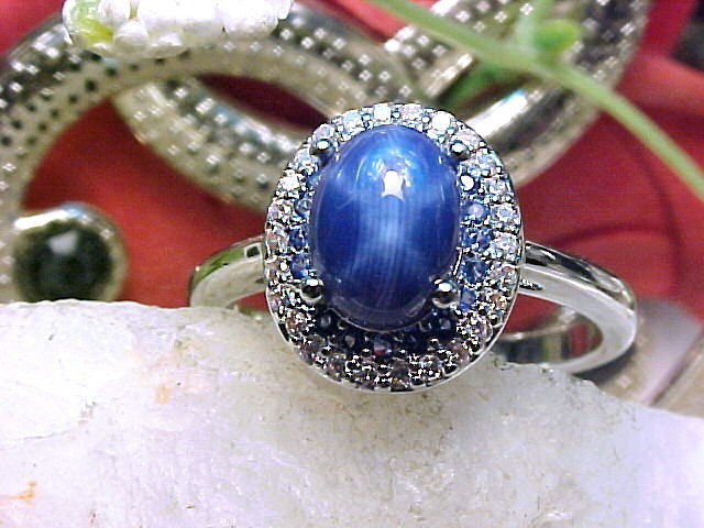 Genuine Blue Star Sapphire Ring 8x6mm & Blue Topaz 925SS White Gold Finish Sz 10