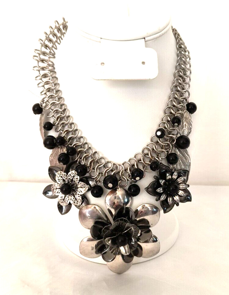 Silver Tone & Black Women’s Statement Necklace Flower Shapes Adjustable Length