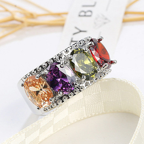 Xms Flower Multi Natural Amethyst Peridot Garnet Gemstone Silver Ring Size 6-10