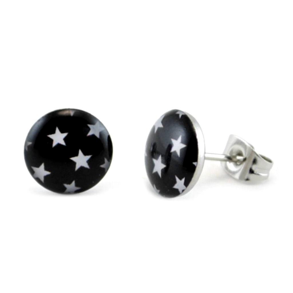 STAINLESS STEEL POST EARRINGS TINY STARS 10mm Black White Hipster Pair Icon Stud