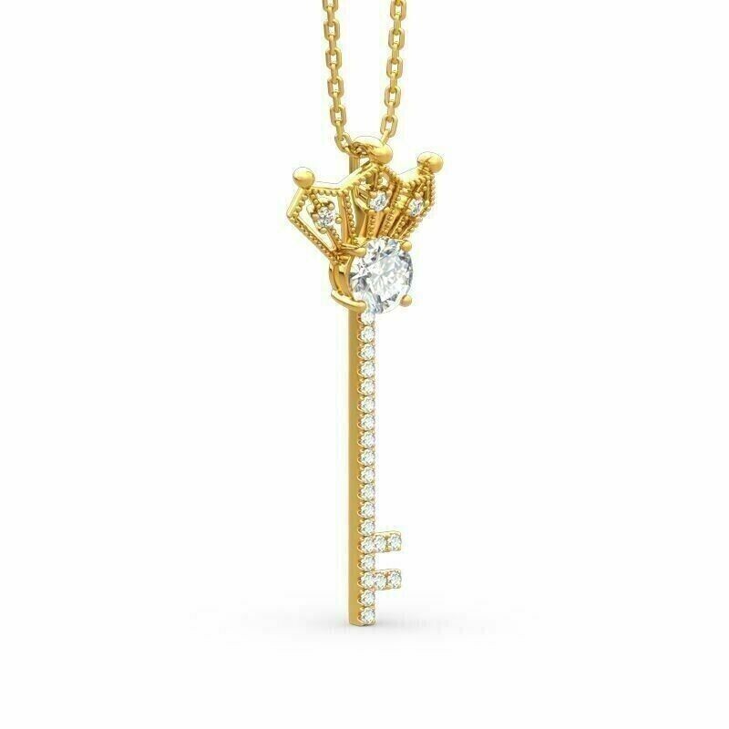 1.20Ct Round Cut Simulated Diamond Key Charm Pendant In 14k Yellow Gold Plated