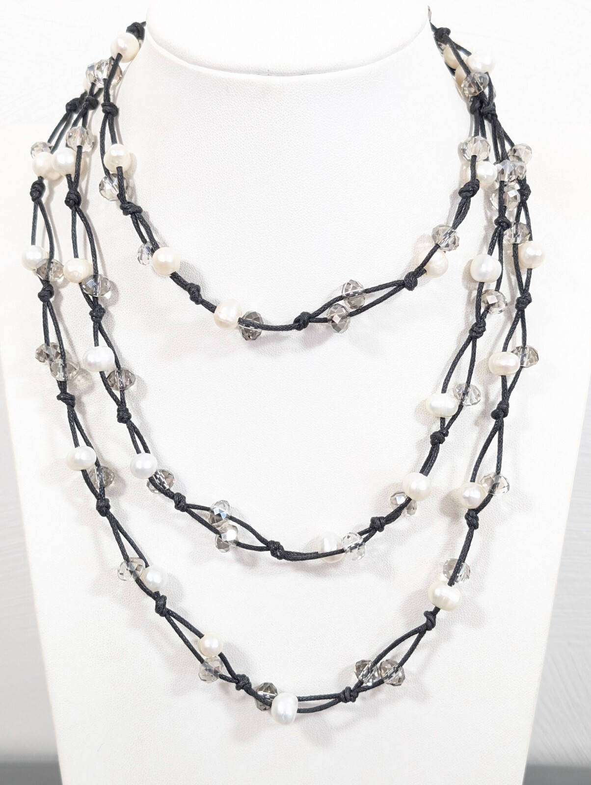 Boho BEachy Black Cord White Pearl Gray Glass Bead Layering Long Necklace 52 in