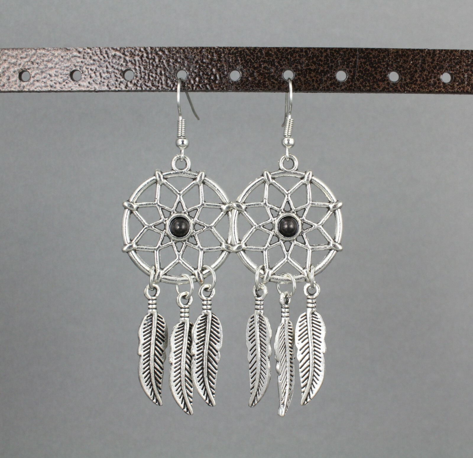 Silver dream catcher earrings dangle feather black bead lightweight 3″ long