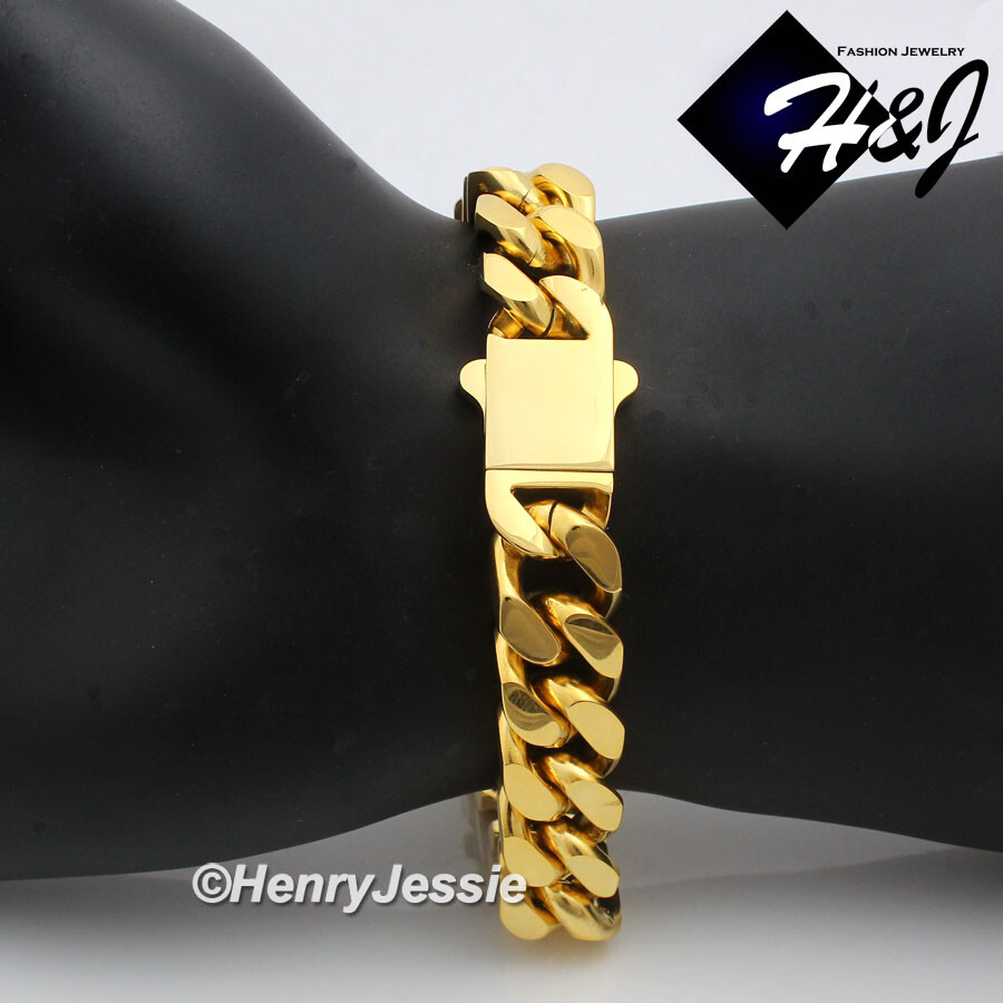 7.5″-11″MEN Stainless Steel 12mm Gold Plated Miami Cuban Curb Chain Bracelet*166
