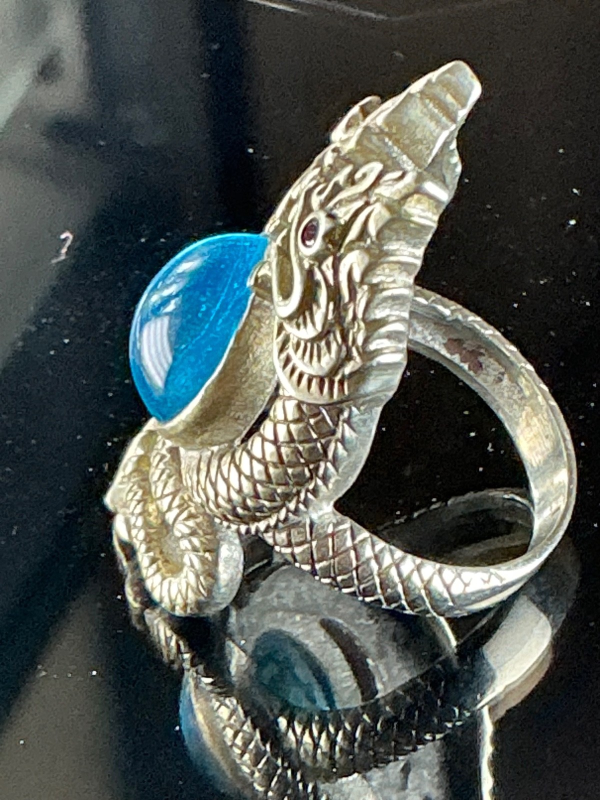 Vintage Blue Stone Twin Naga Unique Style Silver Ring Size 8