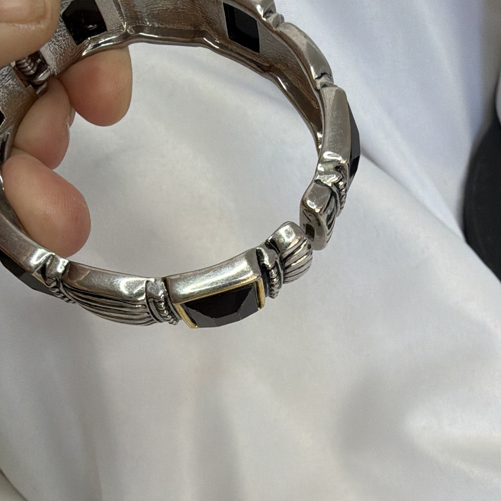 Silver Tone Hinged Bangle Bracelet Black Faceted Stone Gold Tone Accents Vintage
