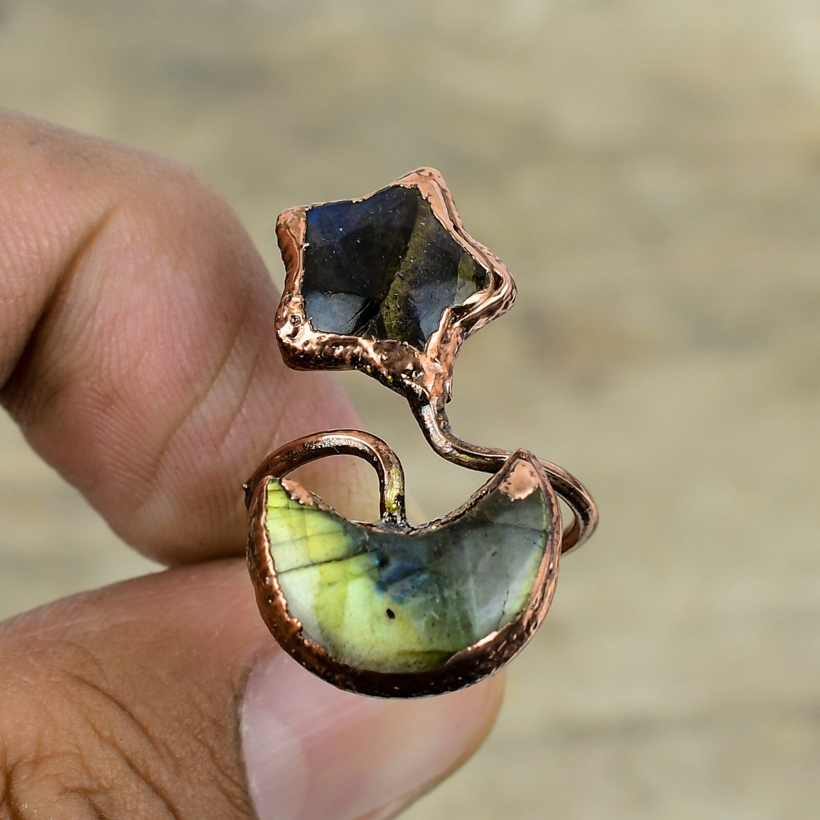 Labradorite Electroformed Moon And Star Adjustable Ring Size Adjustable Copper