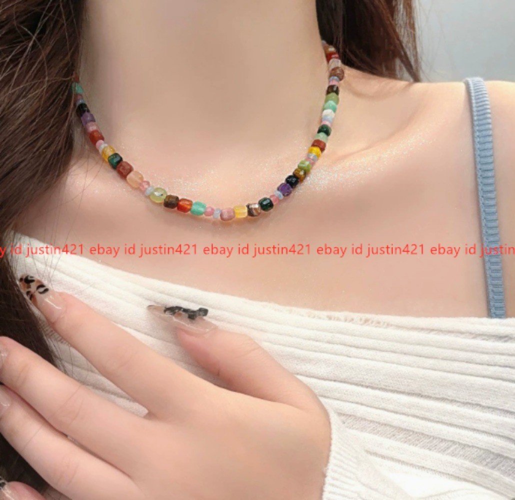 New Dopamine Turquoise Rainbow Sugar Bead Collarbone Chain 42cm+5cm