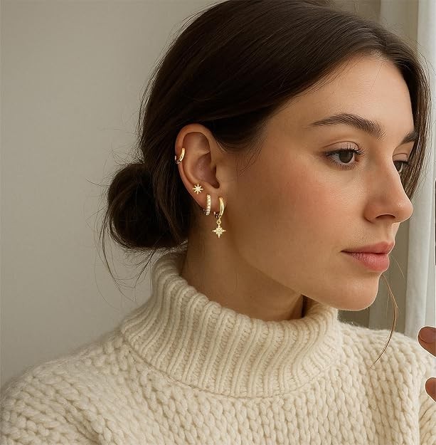 14K Gold Plated Huggie Hoop Earrings Set Women Men Hypoallergenic Cartilage New