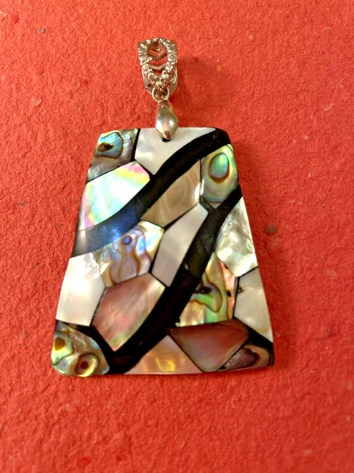 Abalone Pendant Mosaic Shell & Onyx 2 1/2″ Lovely Eyecatching Statement