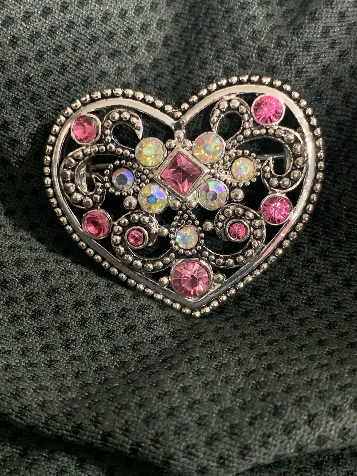 Heart Brooch Pink White Crystal Rhinestone Silver Tone Heart Shaped Love Pin