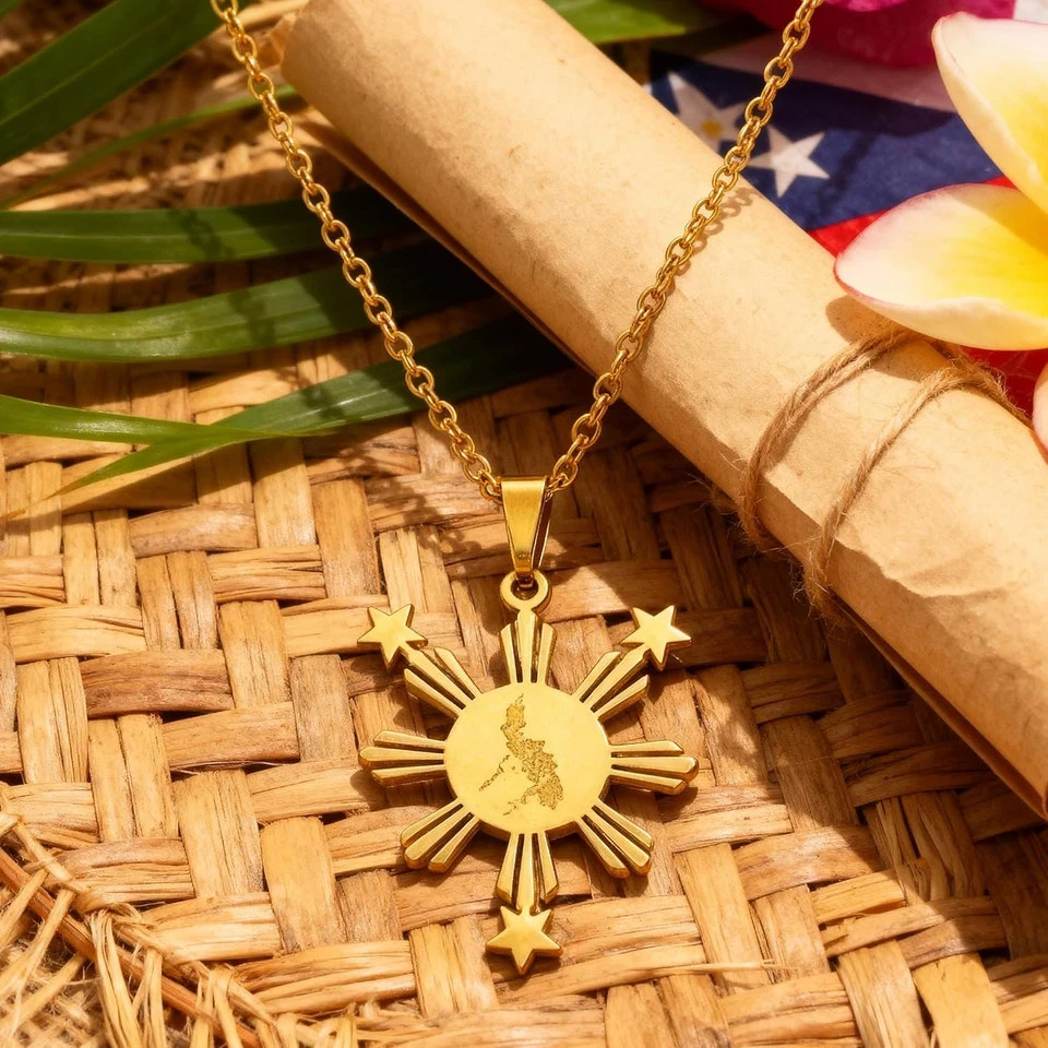 Philippines Sun Necklace for Women Filipino Heritage Gold Pendant Stainless Stee