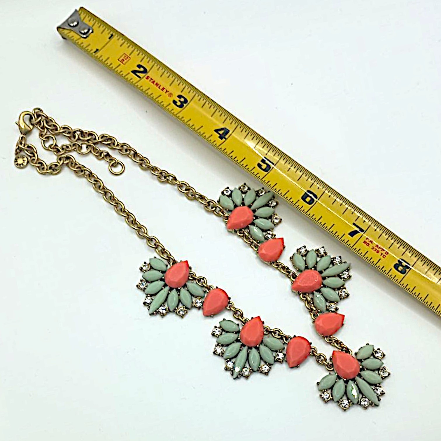 J Crew Statement Cluster Necklace Y2K Rhinestones Gold Tone Coral Mint Colors
