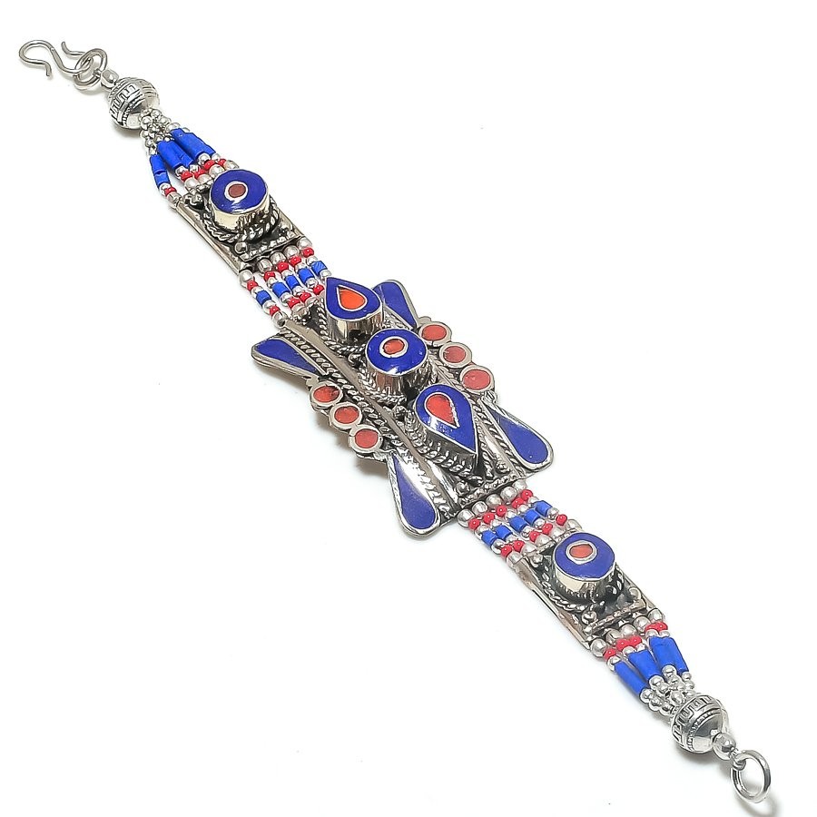 Red Coral Lapis Lazuli Gemstone Bracelet Tibetan Boho Nepali Jewelry 7″ NBB 3386
