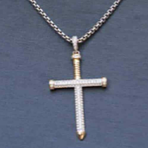 14K Yellow Gold Simulated Diamond Pave Screw Nail Cross Pendant 2.1″