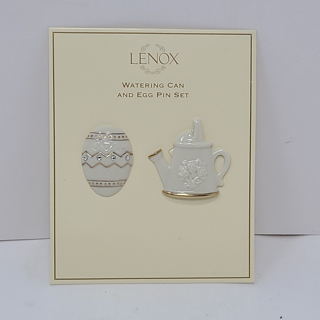 Lenox Watering Can And Egg Pin Set Fine Ivory China 24KT Gold Hand Decorated