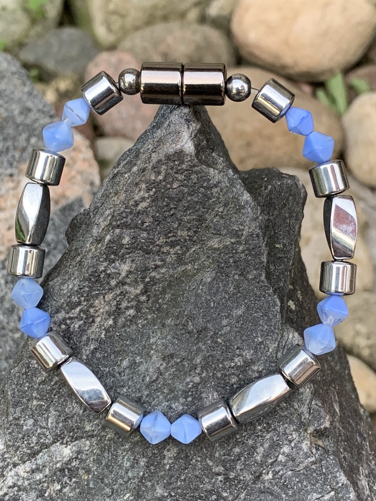 Men’s Women’s Silver Magnetic Hematite Bicone Ski Blue BRACELET ANKLET NECKLACE