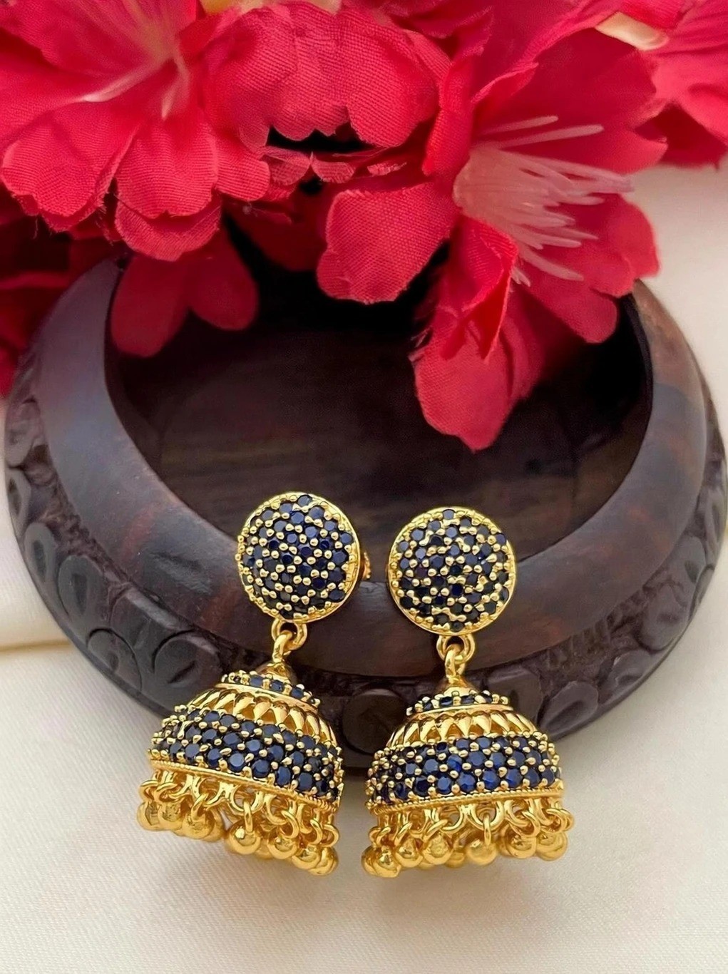Gold Covering Jhumki Earrings with Blue Stone, Brass Base, Wedding Occasion