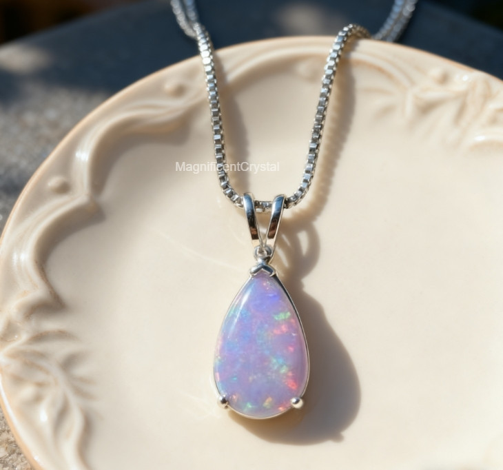 Dainty Opal Purple Pendant Teardrop Minimalist Opalite Necklace Women Jewelry