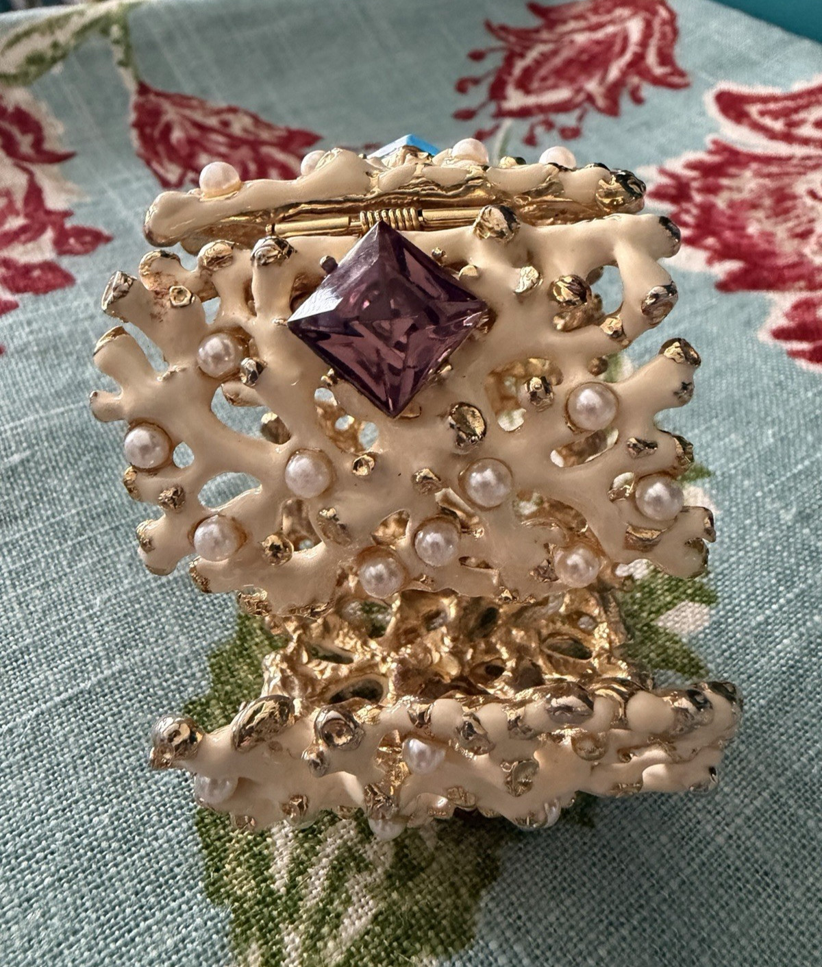 KJL Kenneth Jay Lane Rhinestone White Enamel Coral Hinged Cuff Bracelet