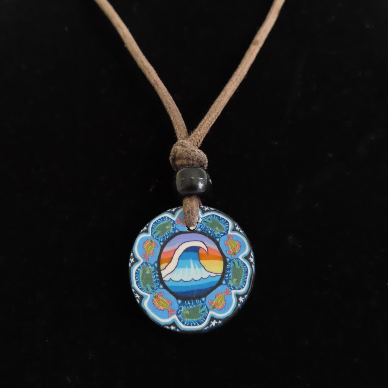 Vtg Polymer Clay Pendant Necklace Blue Ocean Wave Fish Beach Surf Y2K Unisex