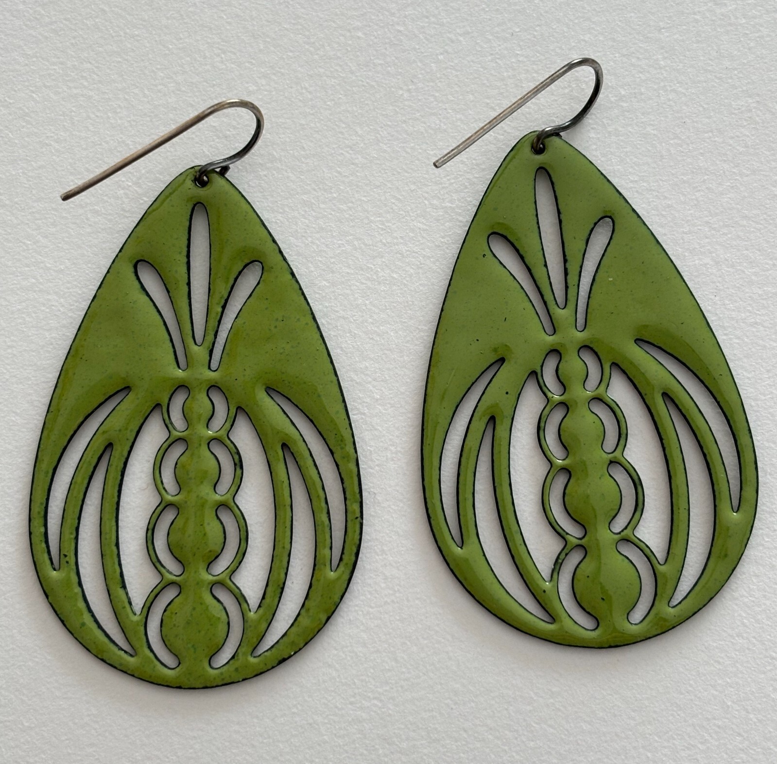 Vitreous Enamel Handcut Copper Earrings Art Deco Mod Geometric Handmade USA 2″