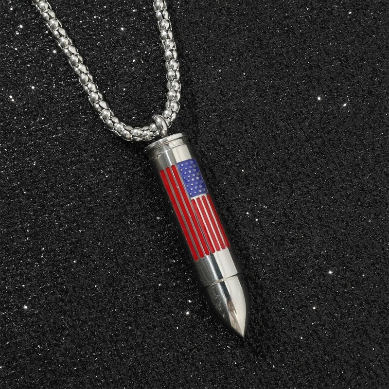 large BULLET FLAG URN CREMATION ASHES Pendant 22″ 925 Sterling Silver Necklace