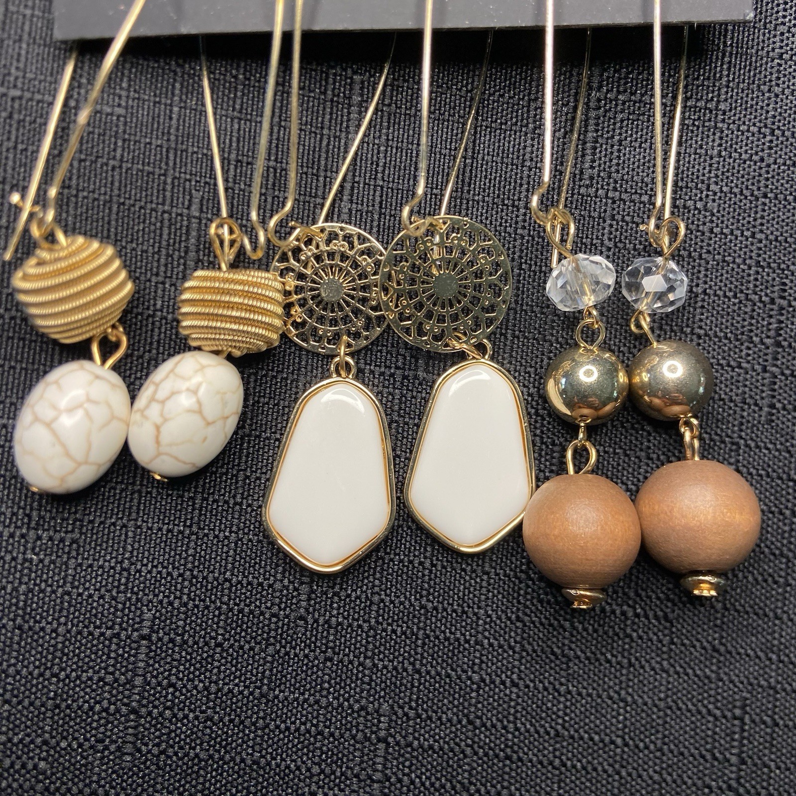 nOir Gold Tone Beaded Dangle/Drop Hook Earrings Lot 3 Pairs White Brown