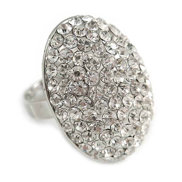 30mm Dome Shape Crystal Ring In Silver Tone Metal/ Clear/ Size 7/8 Adjustable