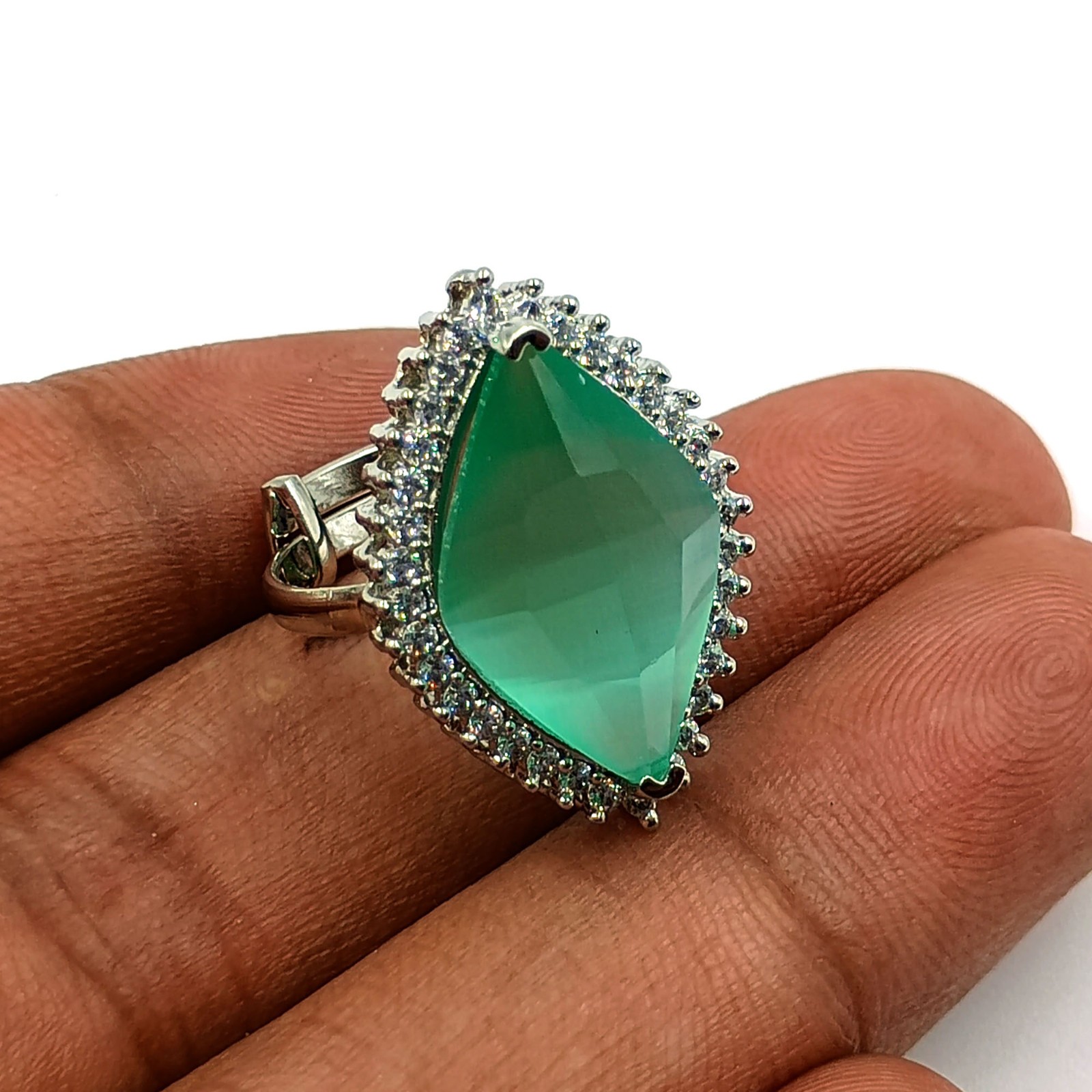 Aqua Chalcedony Marquise Ring Adjustable White Plated Statement CZ Jewelry