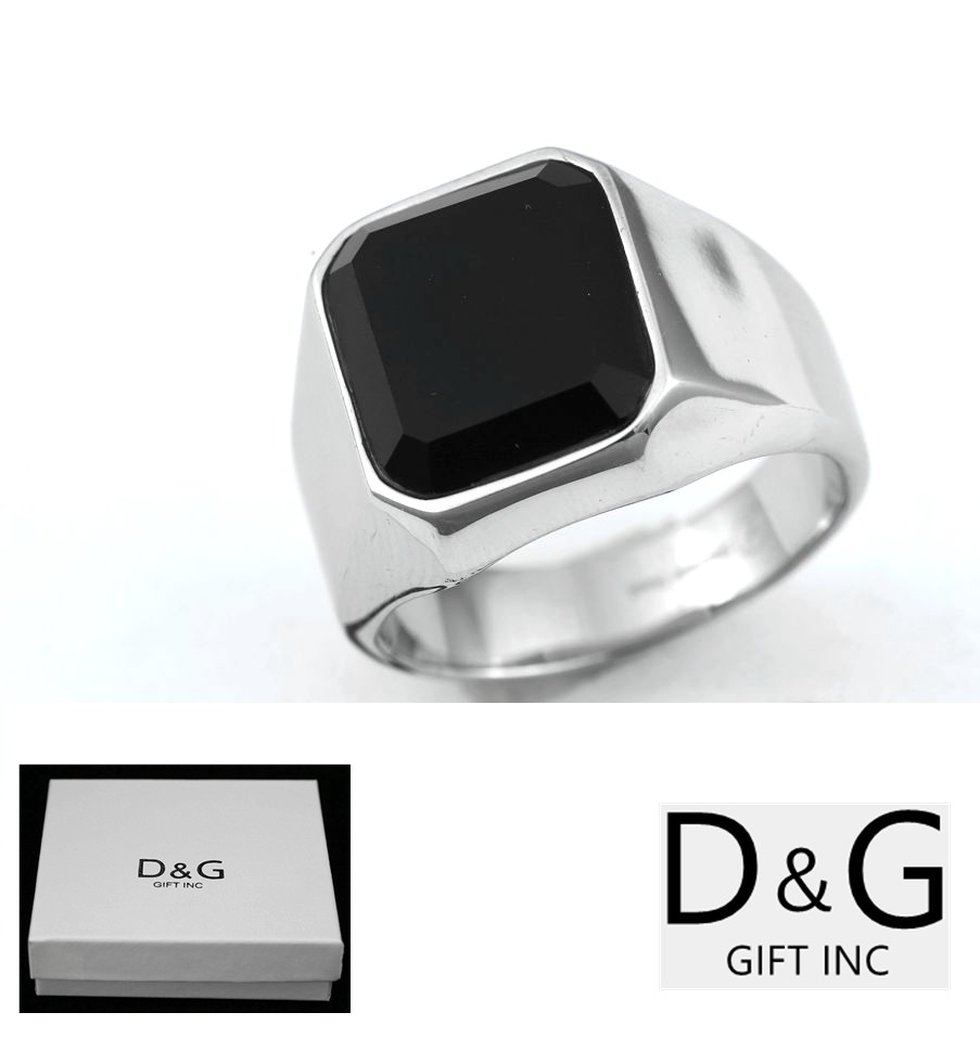 DG Men’s Stainless Steel Silver,Onyx Black Smooth,High Polish Ring,7-13 BOX