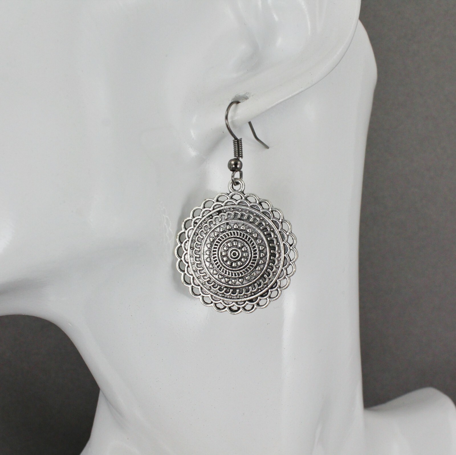 Silver stamped medallion dangle disc 1.75″ long earrings lightweight antiqued