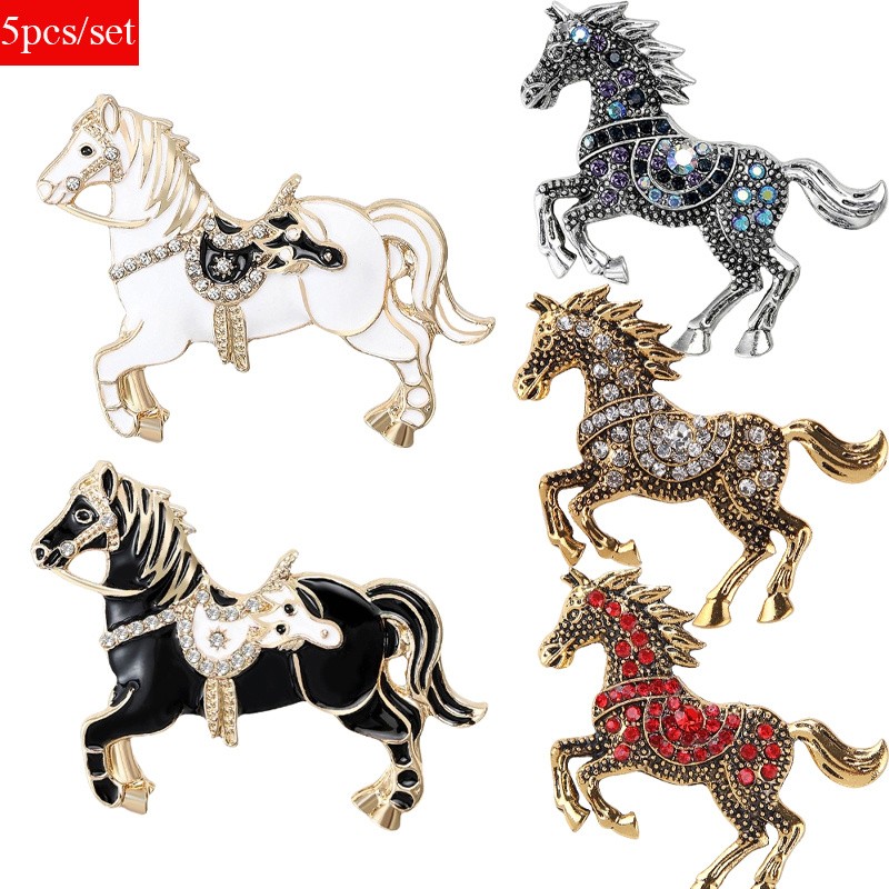 5Pcs Zodiac Horse Brooch Enamel Lapel Pin Set for Casual & Formal Occasions