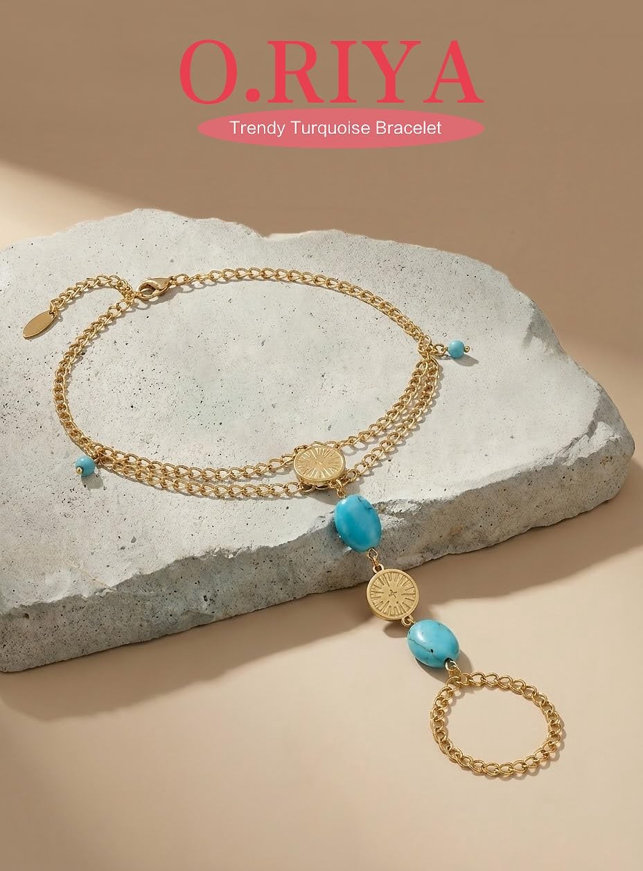 Boho Turquoise Bracelet 14K Gold Plated Adjustable Stackable Jewelry Gift