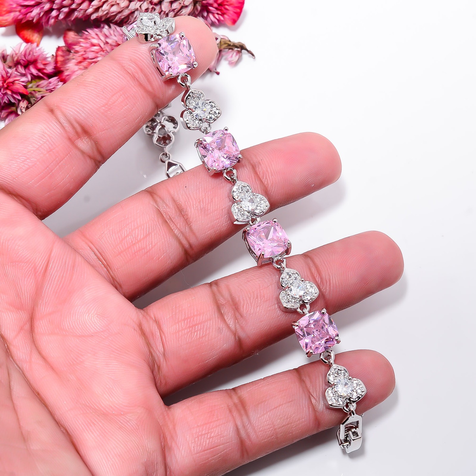 Pink Kunzite, CZ 925 Sterling Silver Adjustable Bracelet 7-8″ B14212