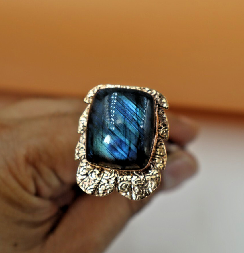 Blue Fire Labradorite Ring TexturedCopper Handmade Ring Bohemian Gift US” 7.5