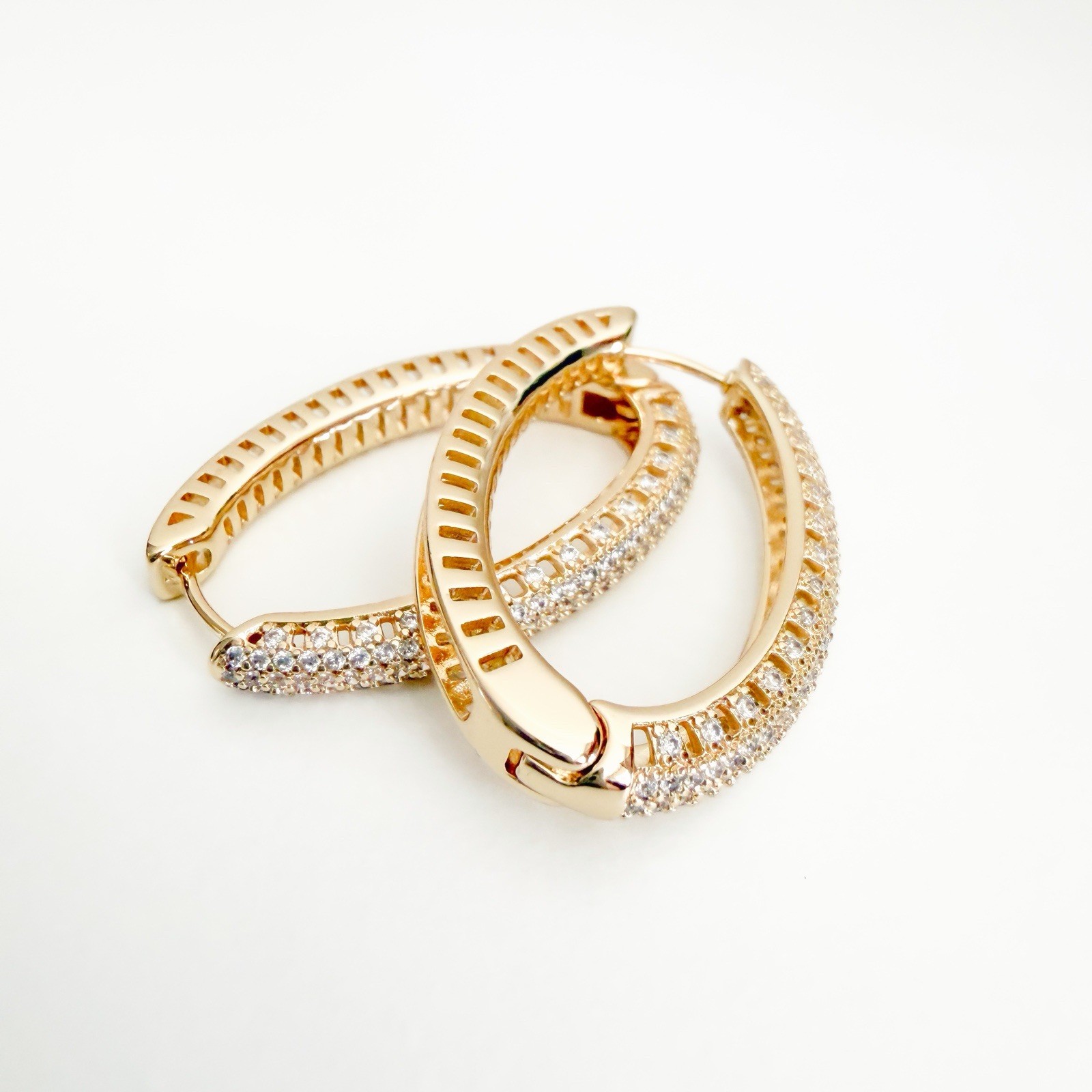 Gold Plated Pavé White Crystal Huggie Hoop Earrings Snap Closure Lobe