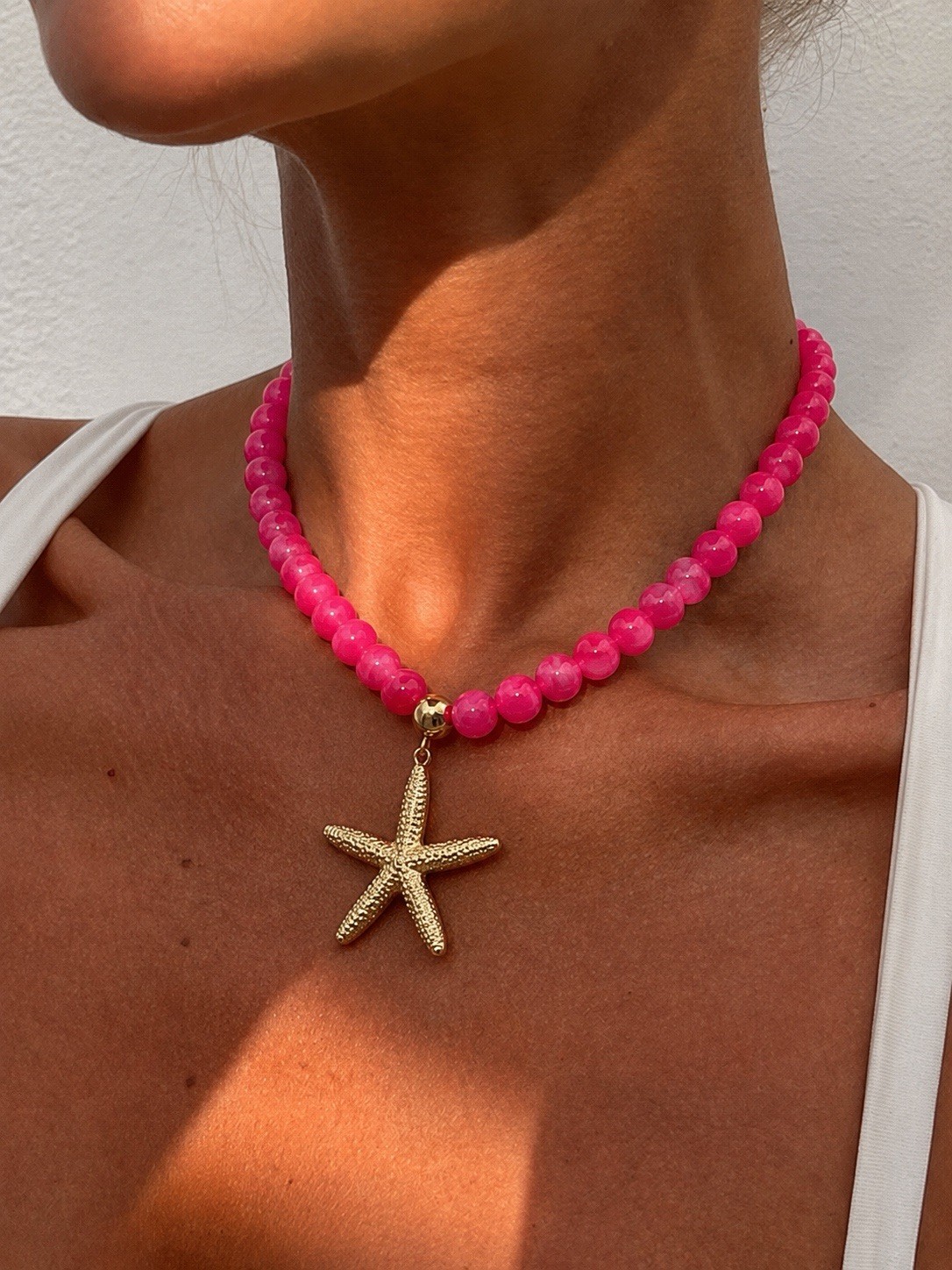 Hot Pink Beaded Starfish Necklace, Summer Beach Necklace, Gold Starfish Pendant