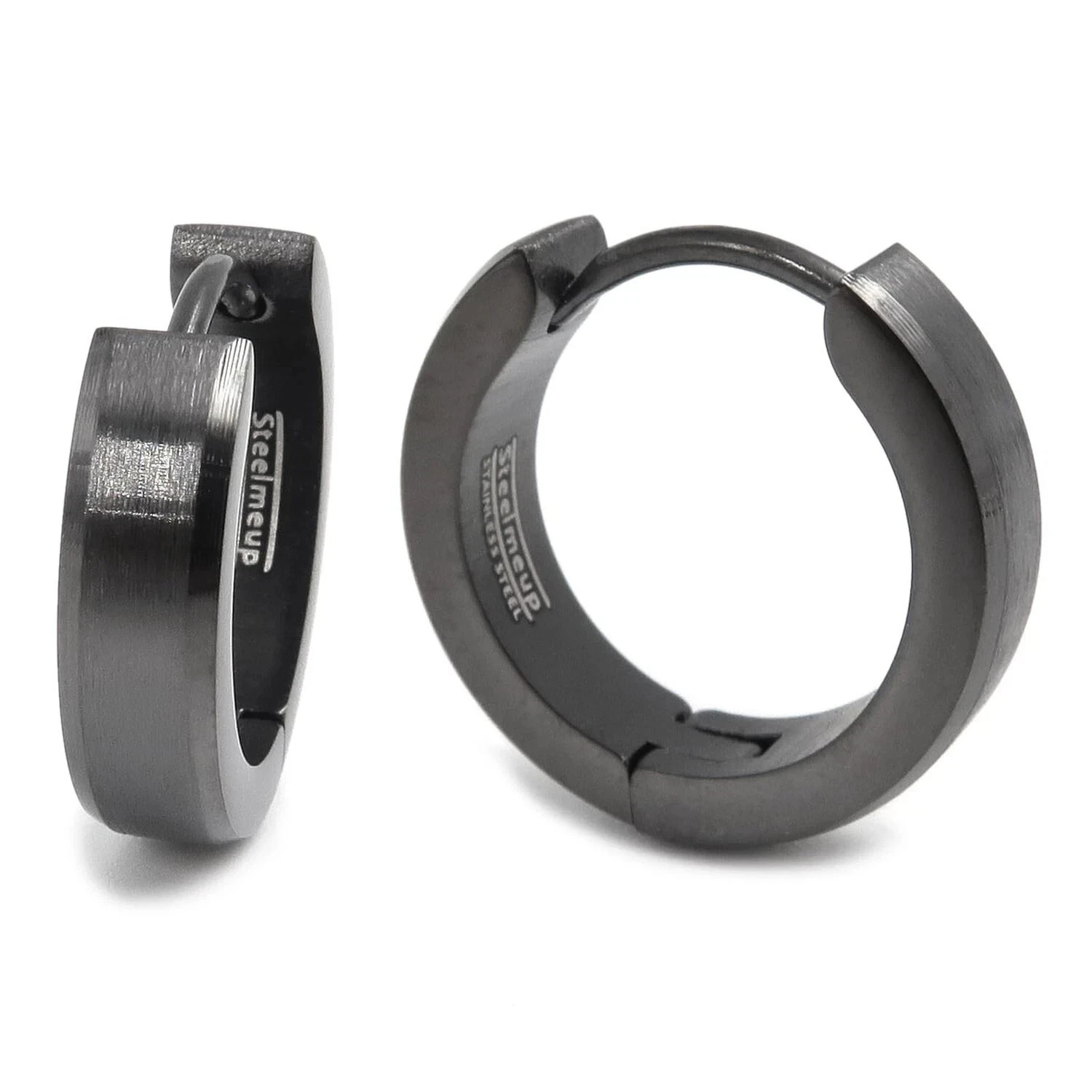 Pair Stainless Steel Bevel Edge Hoop Huggie Men Earrings Black Gold Silver 16mm