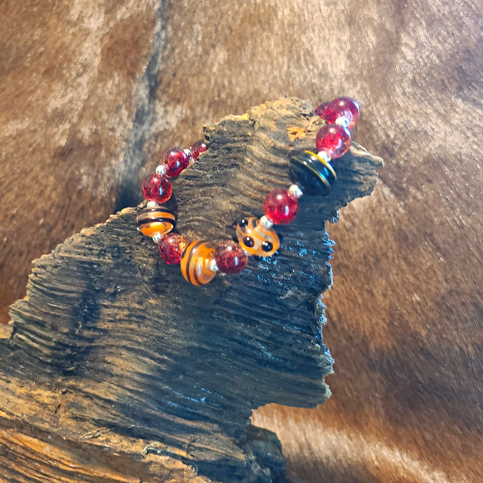 Red Glass Beaded Stretch Bracelet Round Beads Orange Black Silver No Clasp