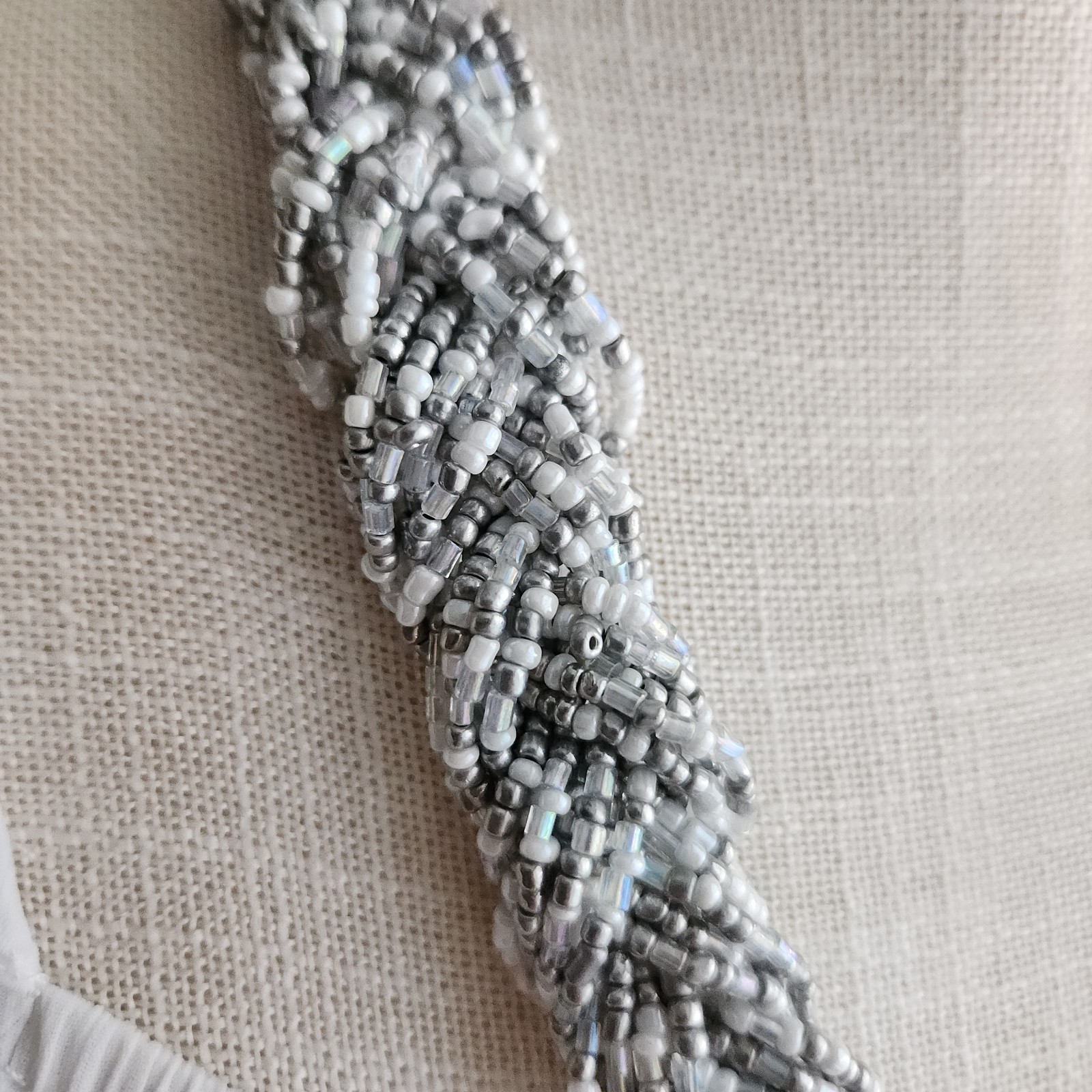 Silver & White Multi-Strand Seed Bead Braided Statement Necklace 26″