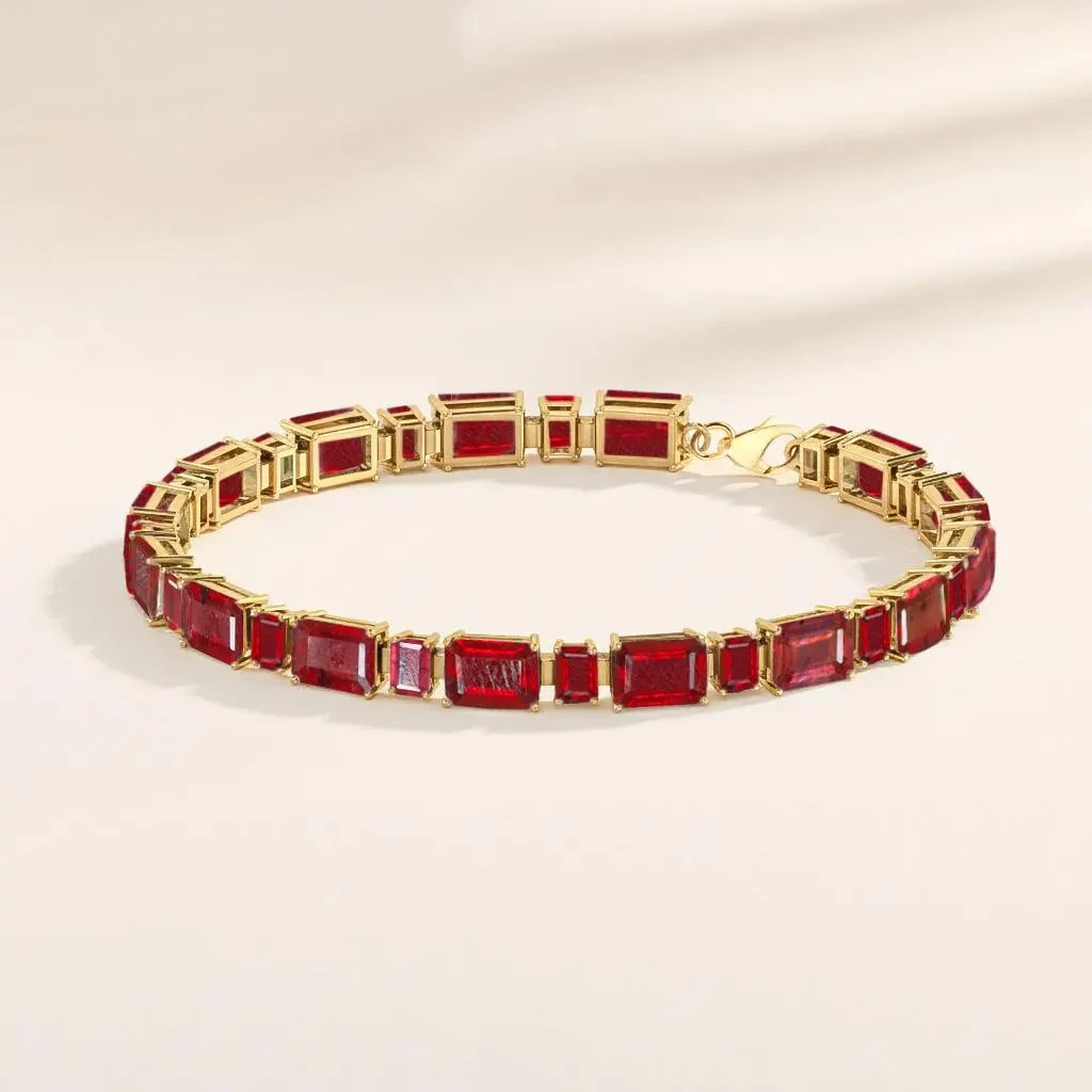 Red Ruby Octagon Gemstone Silver Tennis Bracelet, AAA Ruby Gemstone 925 Sterling